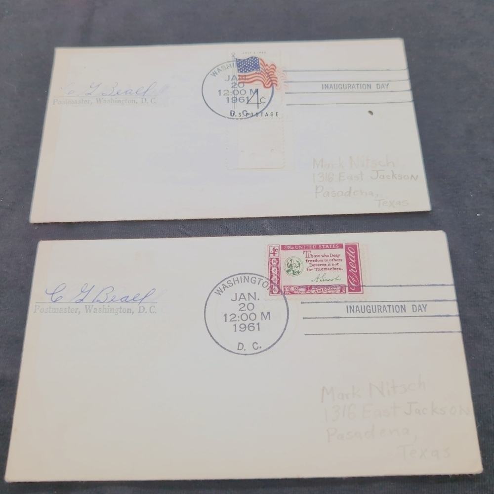 2 - 1961 John F Kennedy Inauguration Day Cover Envelopes Signed C. G. Beall